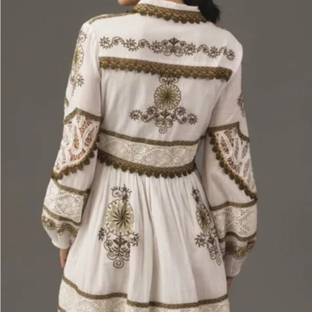 Anthropologie Maeve Ivory and Olive Embroidered Long Sleeve Dress - Picture 2 of 10